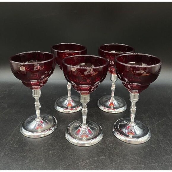 Moondrop Ruby Red Glass Cordial W/ Metal chrome Stem Martinsville Set 5 - Picture 12 of 12
